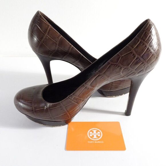 Tory Burch Brown Leather Faux Crock Platform Pumps Sz 6.5 - Picture 10 of 13